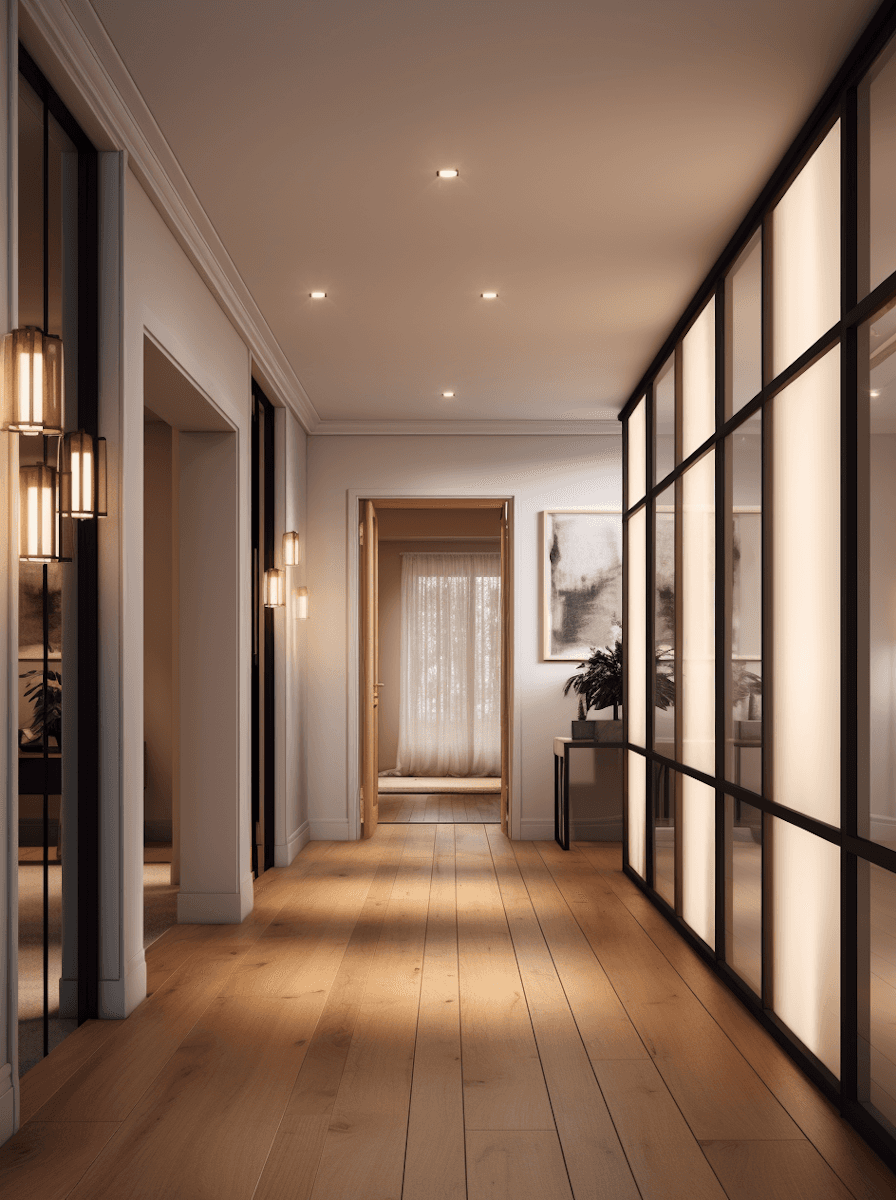 Warmly lit hallway with wood floors